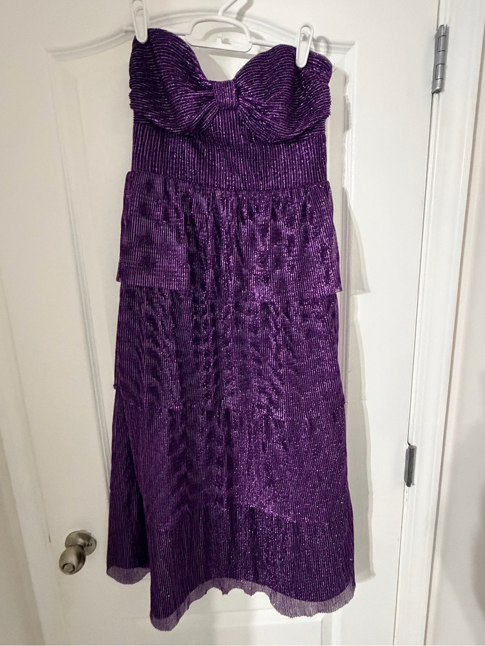 Lulu's Strapless Shimmer Purple Midi with Bow Bodice